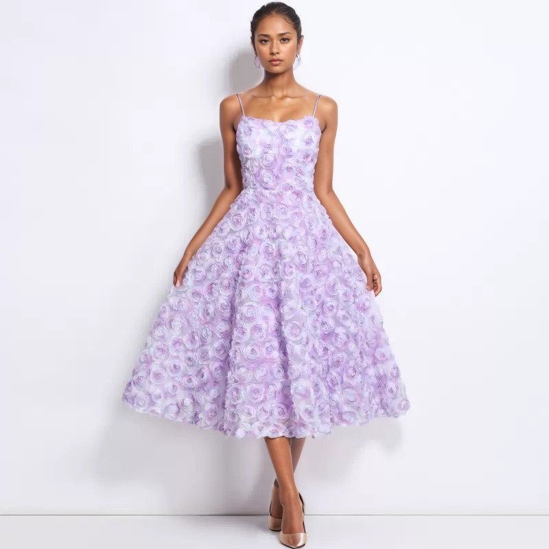 DR508 3D Rose Lace Pink Off-shoulder Holiday Suspender Dress