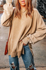 Khaki Drop Shoulder Ribbed Trim Oversized Sweatshirt: Khaki / L / 75%Polyester+25%Cotton