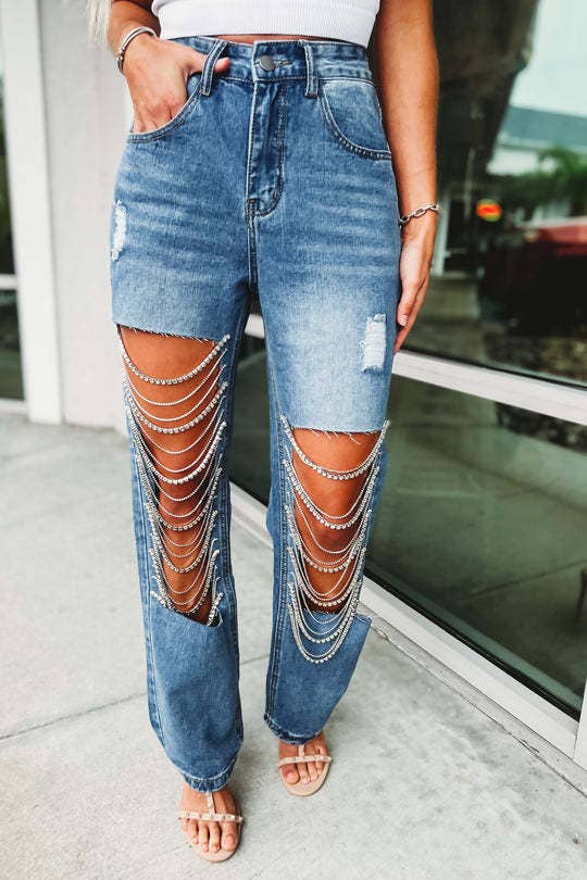 Denim & Diamonds Rhinestone Chain Ripped Cut Out Jeans