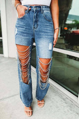 Denim & Diamonds Rhinestone Chain Ripped Cut Out Jeans