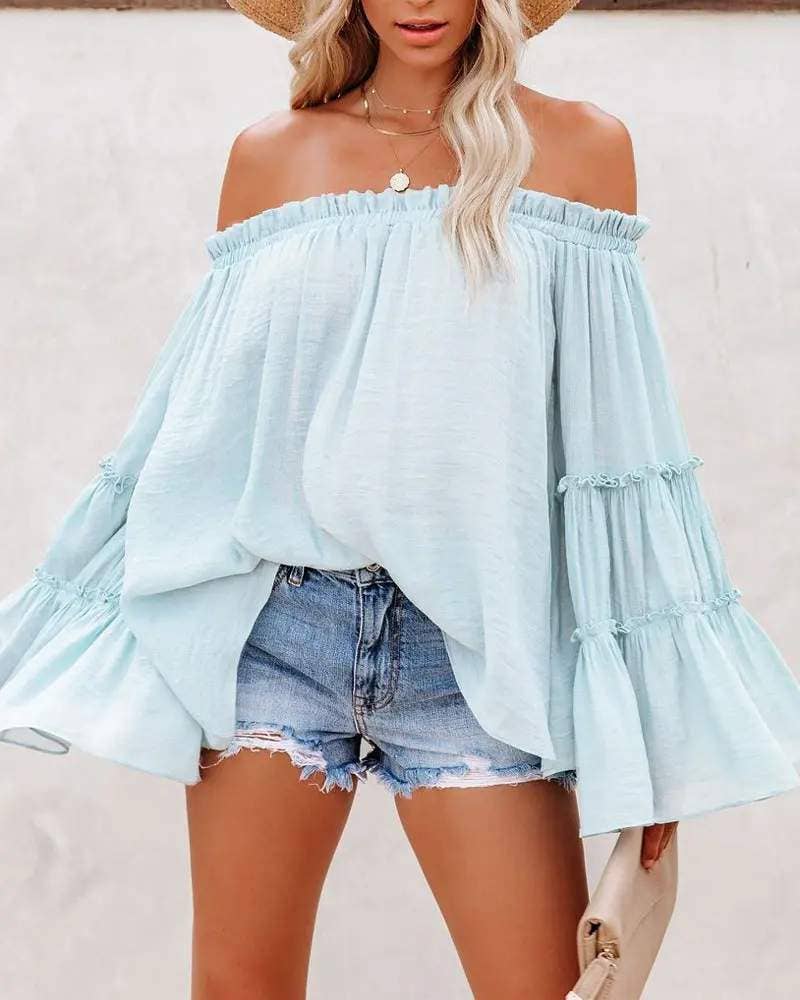 Frill hem off shoulder bell sleeve top