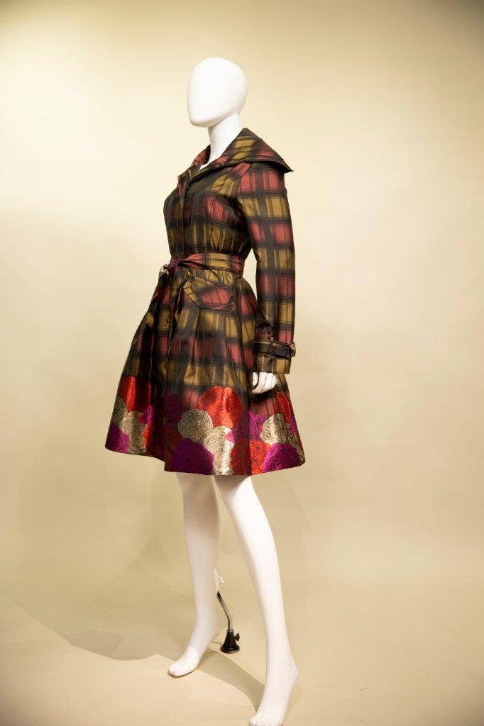 Yarn-Dyed Plaid & Floral Brocade Dress-Coat Pocket - 17244