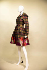 Yarn-Dyed Plaid & Floral Brocade Dress-Coat Pocket - 17244