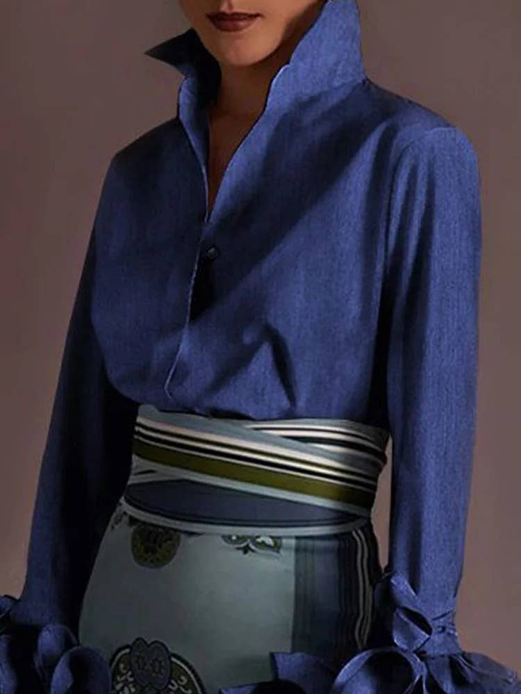 V neck long sleeve flower hem blouse