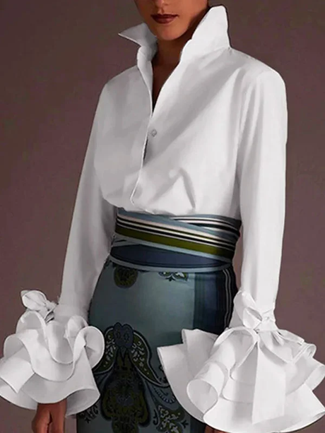 V neck long sleeve flower hem blouse