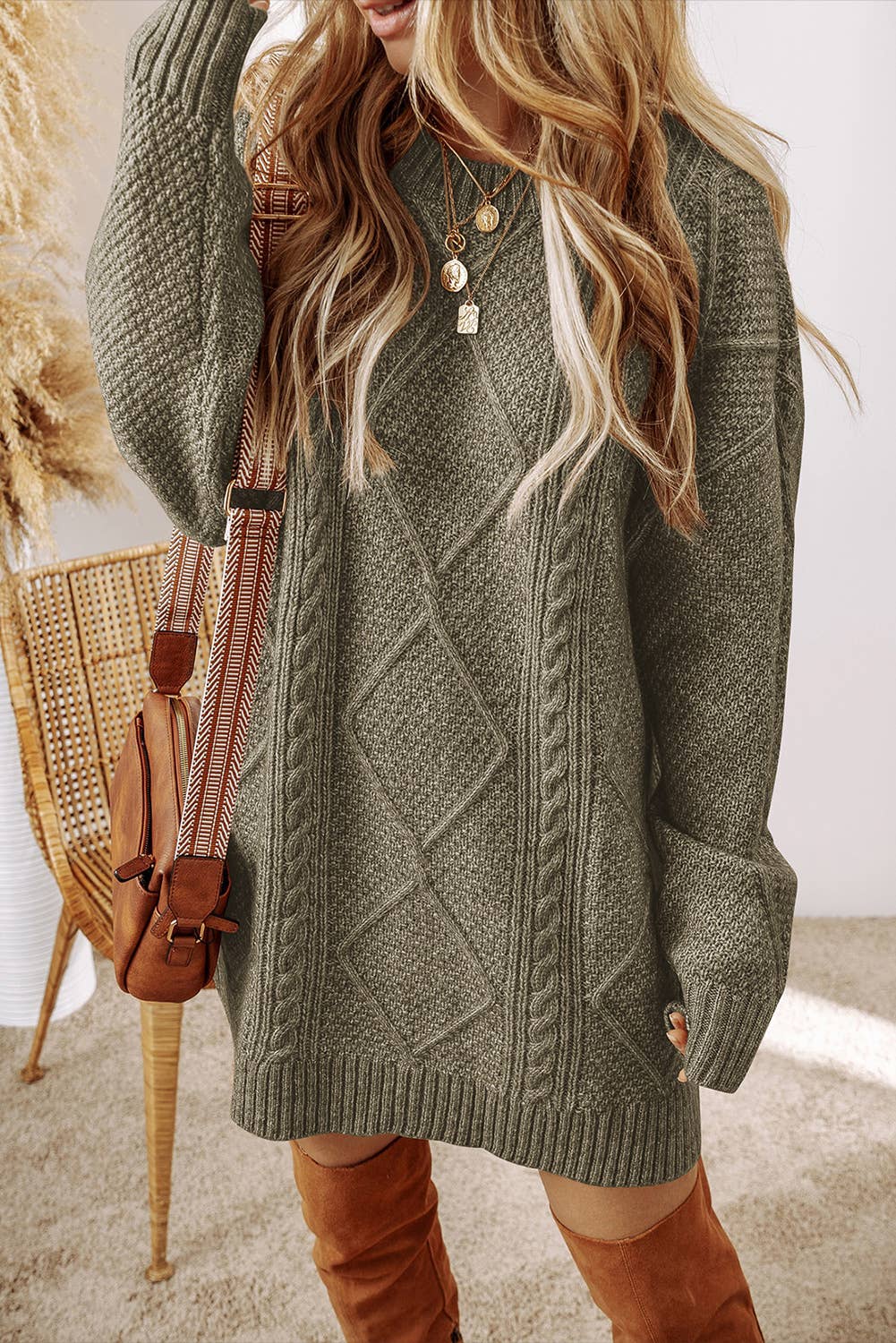 LDC Cable Knit Drop Shoulder Loose Fit Sweater Dress