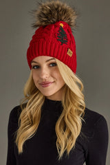 H-903 Red Cable Knit Hat with Tree