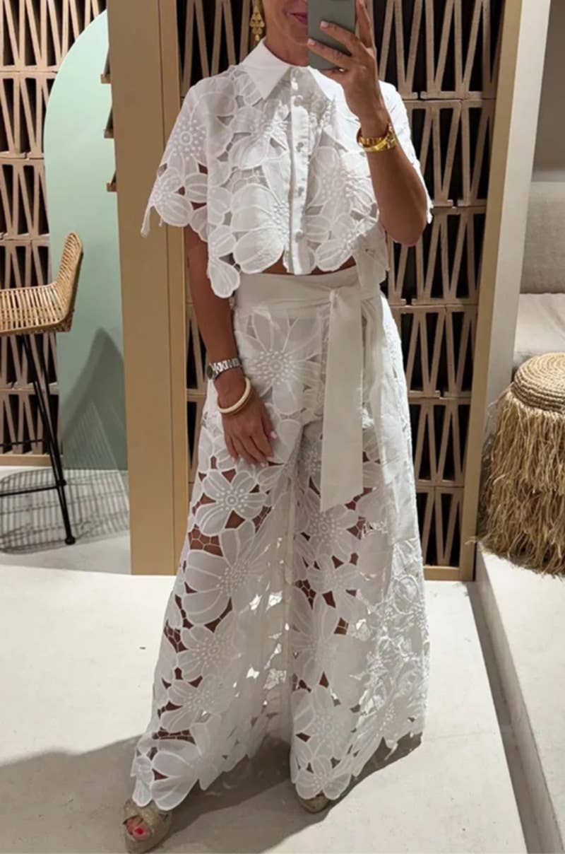 Crochet Floral Lace Button-down shirts & wide leg pant set