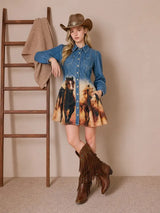 60040D Western Horse Print Denim Dress