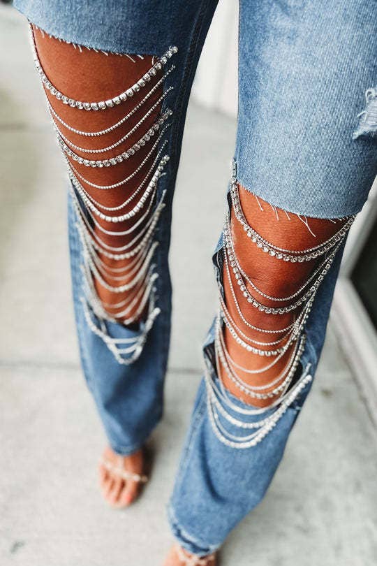 Denim & Diamonds Rhinestone Chain Ripped Cut Out Jeans