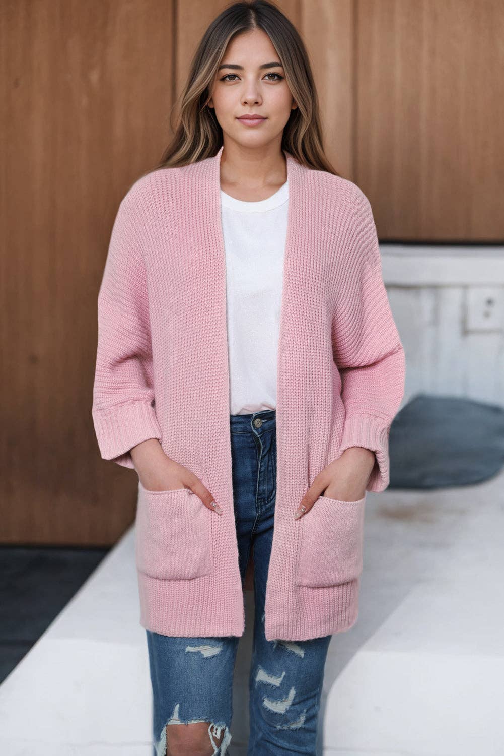 Pink Oversized Fold Over Sleeve Sweater Cardigan: Pink 65%Acrylic+35%Polyester