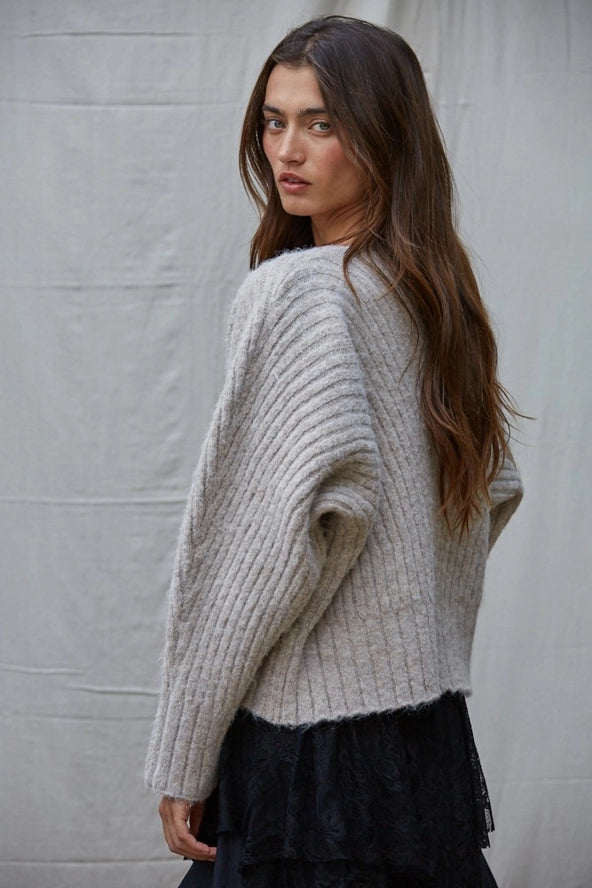W1838 Knit Sweater Ribbed Deep V-Neck Long Sleeve Pullover