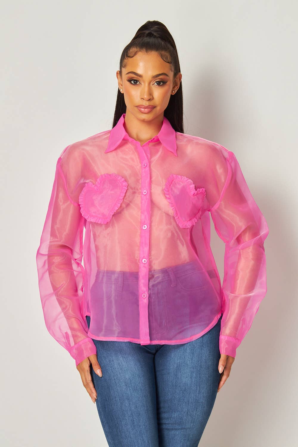 Blushing Hearts Organza Patch Button Up Shirt (HGT9203A)