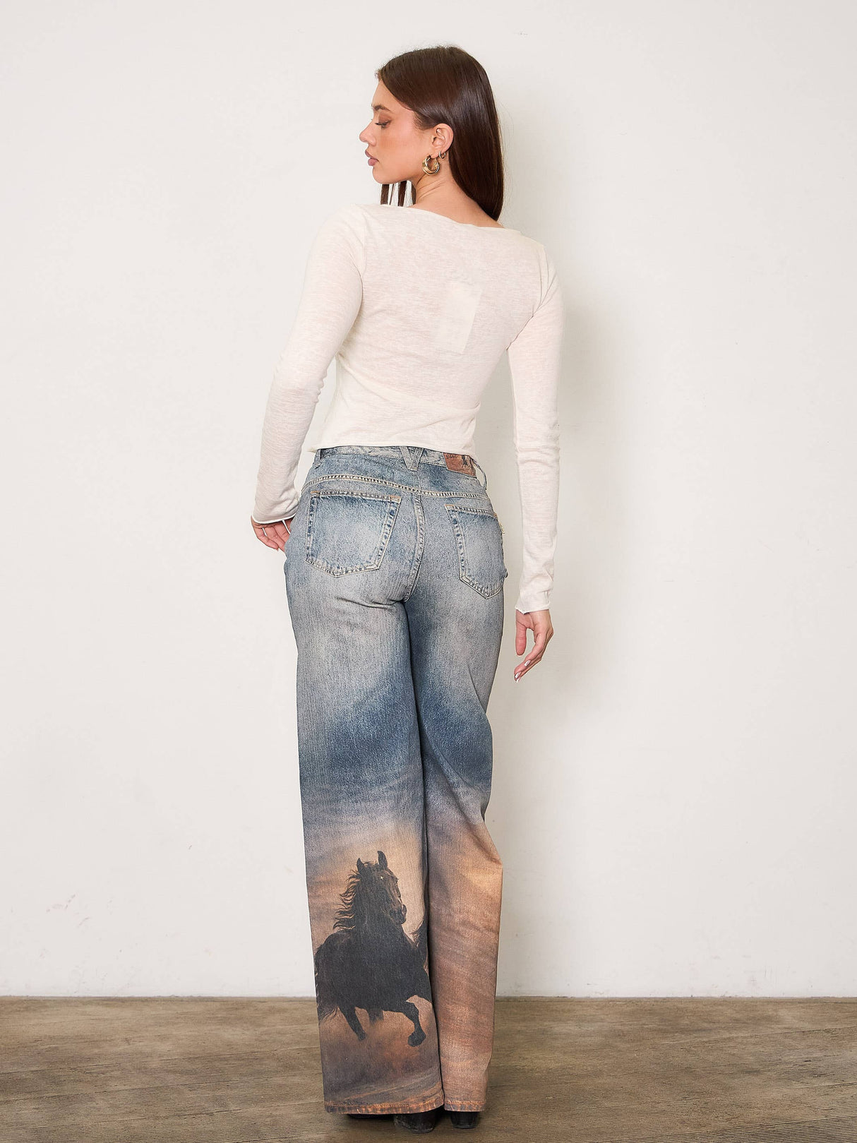 White Horse Digital Print Wide Leg Jeans
