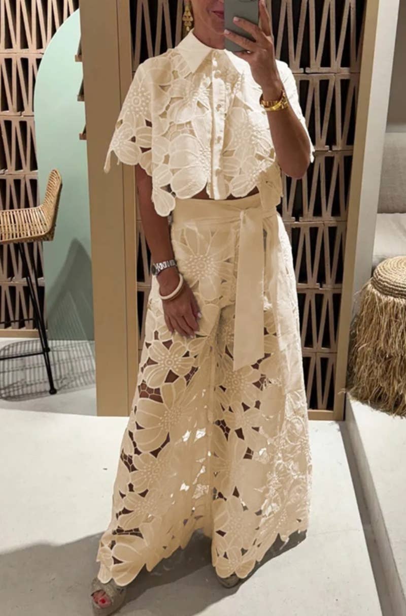 Crochet Floral Lace Button-down shirts & wide leg pant set