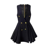 DR0273Y Chic V-Neck Vest Dress - High Waist, Double-Breasted