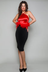 Halter neck fuzzy trim satin crop top
