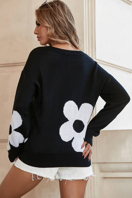 Black Big Flower Pattern Knit Sweater: