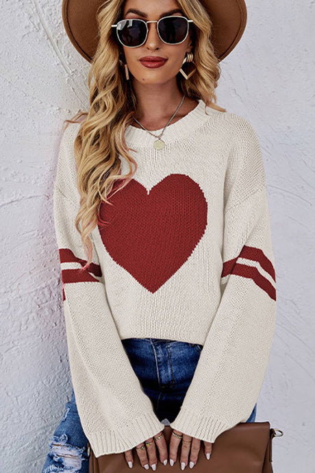 Valentine's Day color match heart peach crew-neck sweater