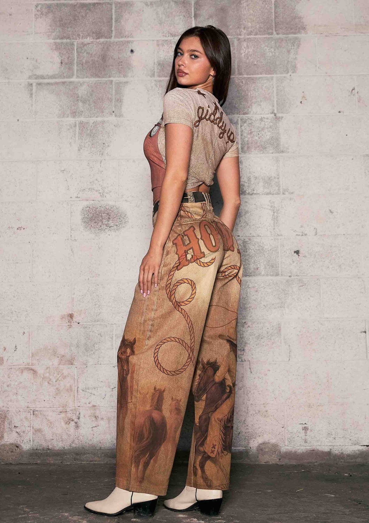 Cow Boots Digital Print Wide Leg Jeans