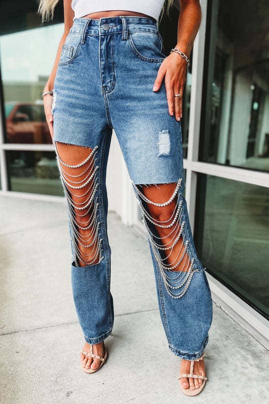 Denim & Diamonds Rhinestone Chain Ripped Cut Out Jeans