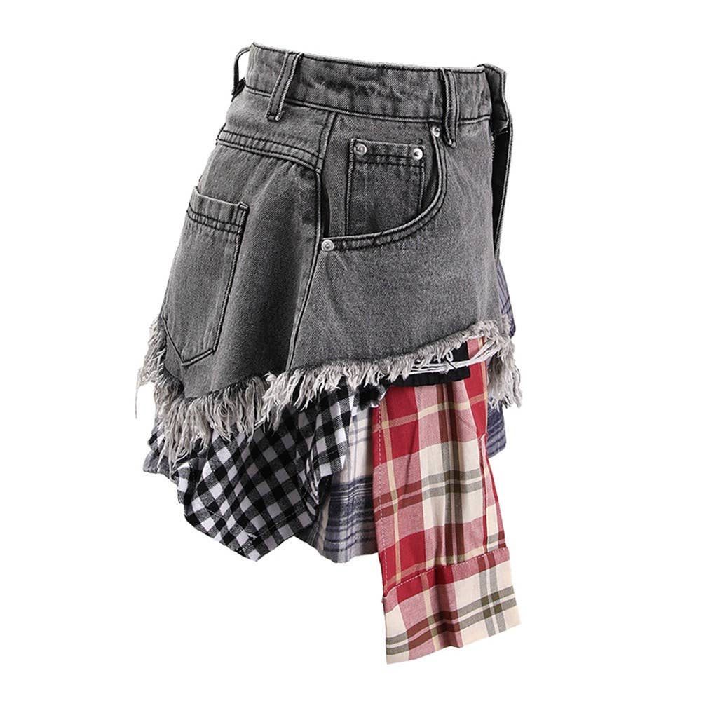 SK024 Summer Chic: High-Waist Plaid-Denim Skirt