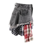 SK024 Summer Chic: High-Waist Plaid-Denim Skirt