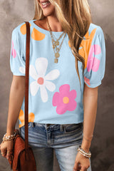 Flower/Bowknot Print Bubble Sleeve Tee