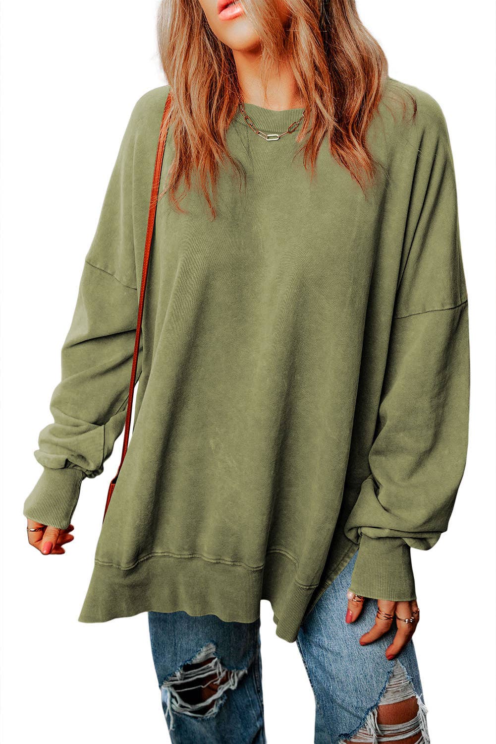 Green Drop Shoulder Ribbed Trim Oversized Sweatshirt: Green / M / 75%Polyester+25%Cotton