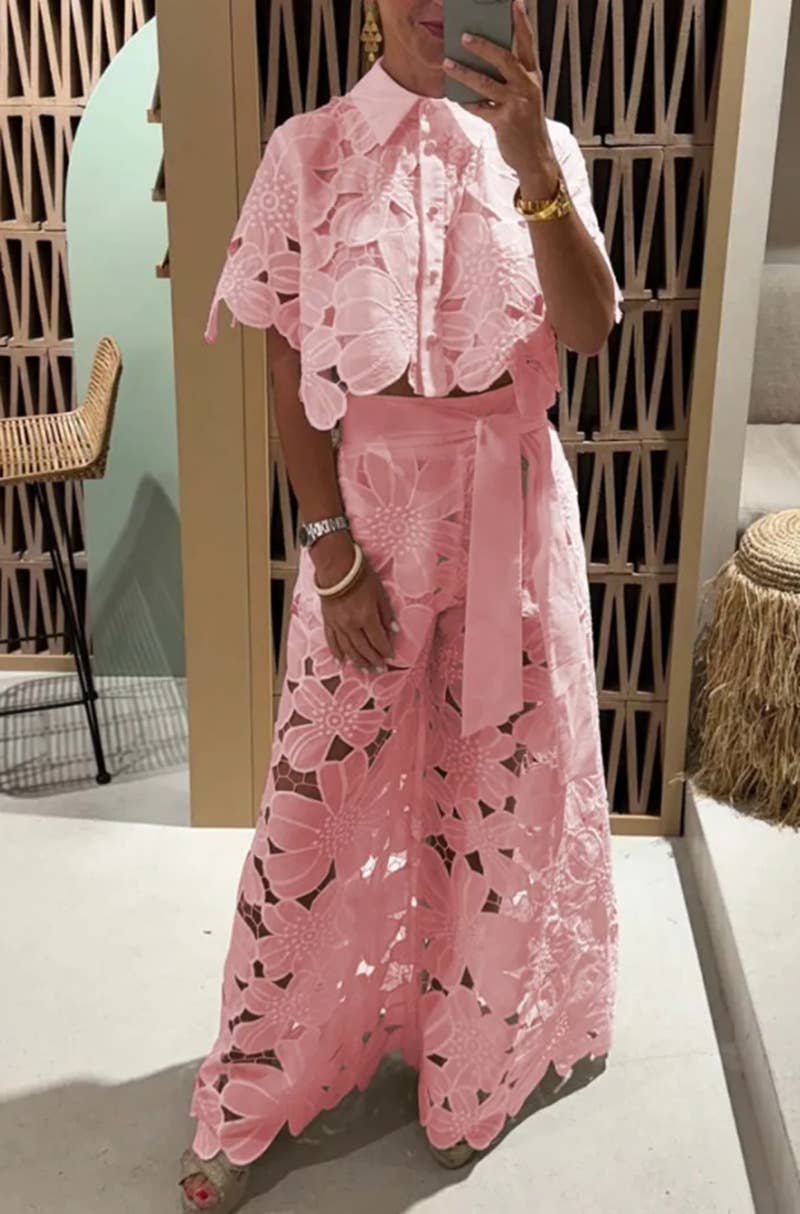 Crochet Floral Lace Button-down shirts & wide leg pant set