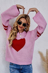 Valentine's Day color match heart peach crew-neck sweater