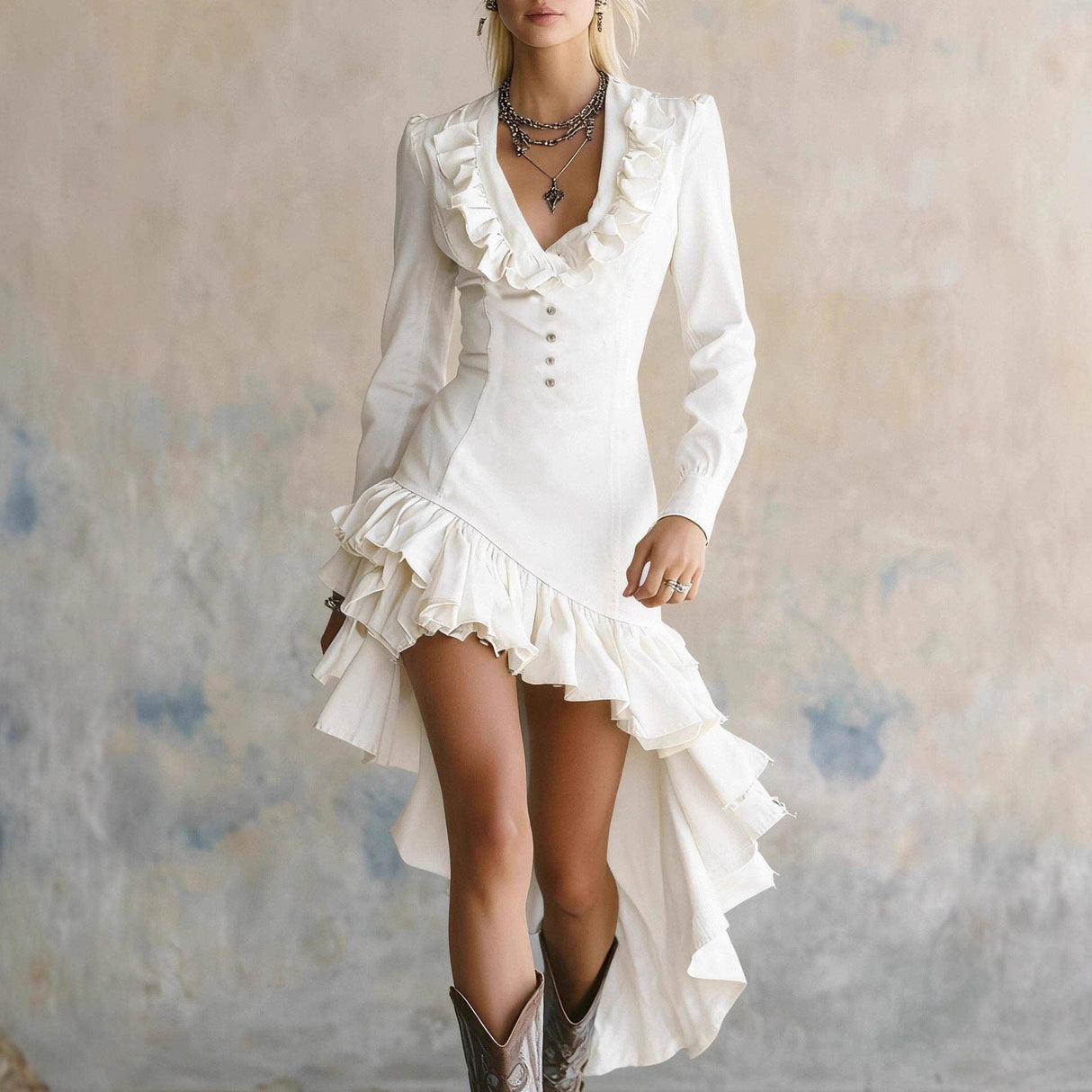 Western Style Floral Denim Dress For Women