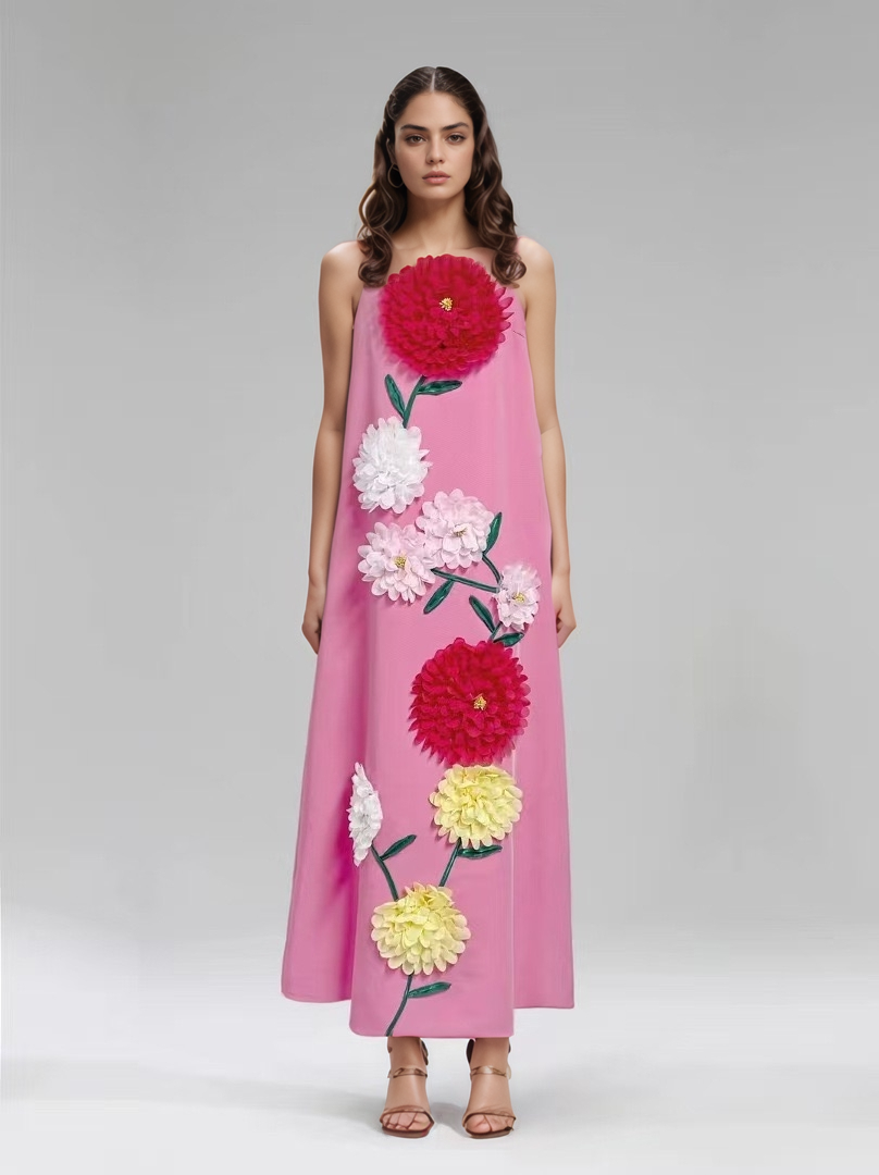 DR516Y Colorful 3D Floral Swing Suspender Long Summer Dress