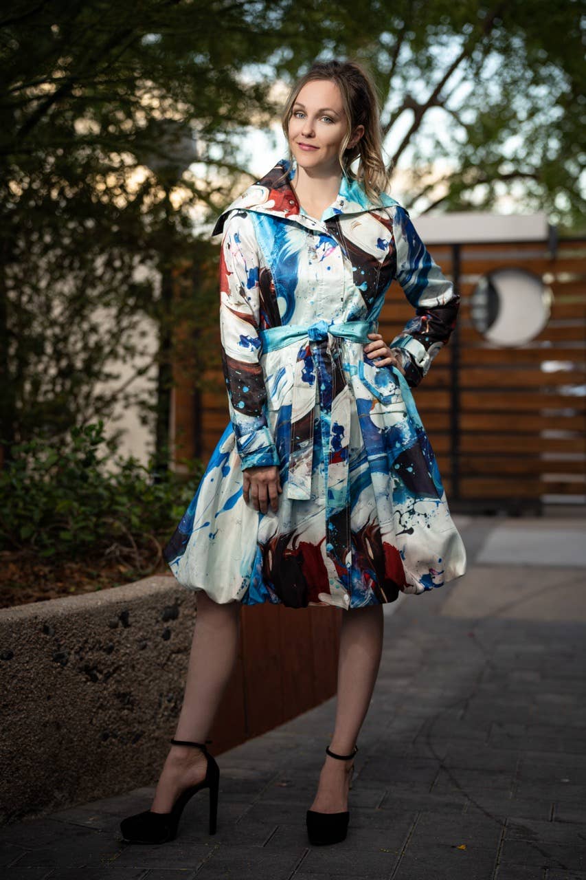 Printed Dupioni Bubble Coat Dress Fully Lined Zipper - 11665