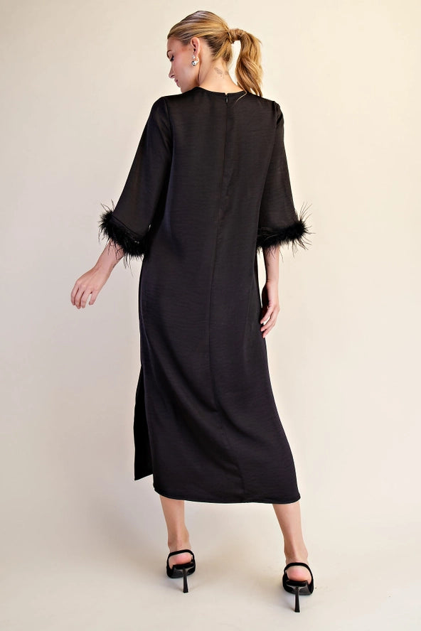 D8619 Feather Trim Evening Midi Dress