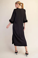 D8619 Feather Trim Evening Midi Dress