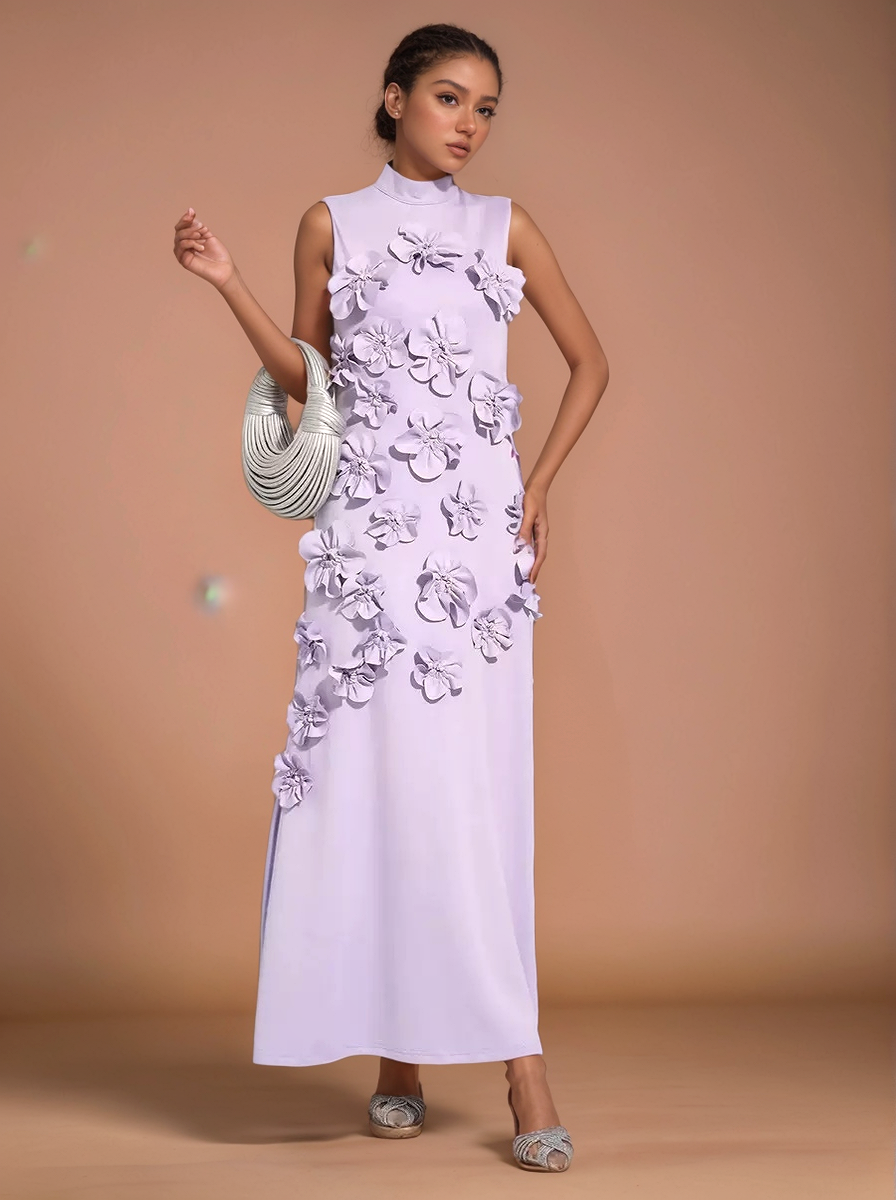 DR0206Y Chic Collar Sleeveless Dress with 3D Flowers