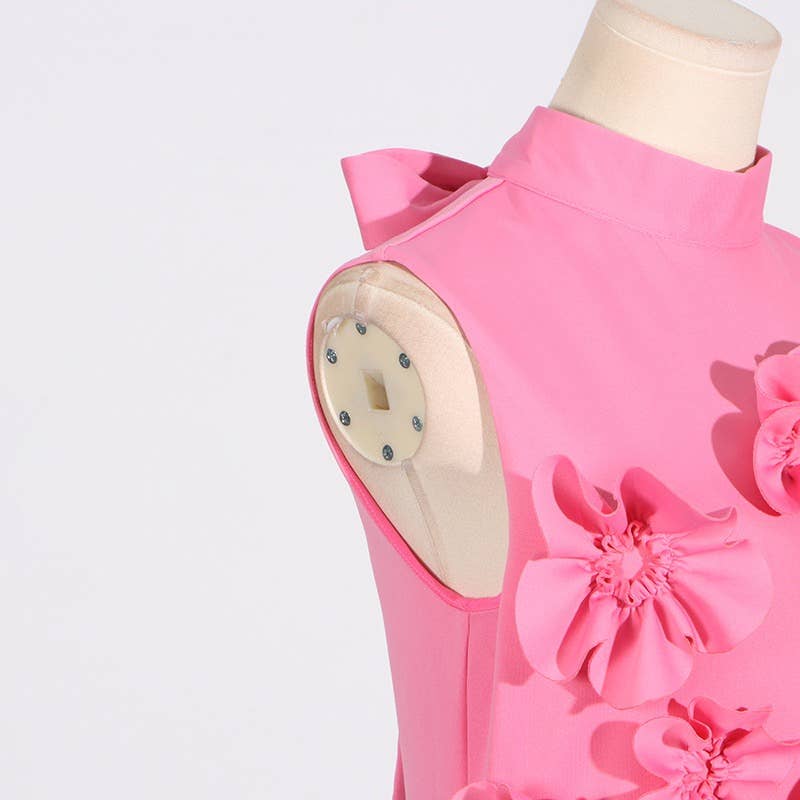 DR0206Y Chic Collar Sleeveless Dress with 3D Flowers