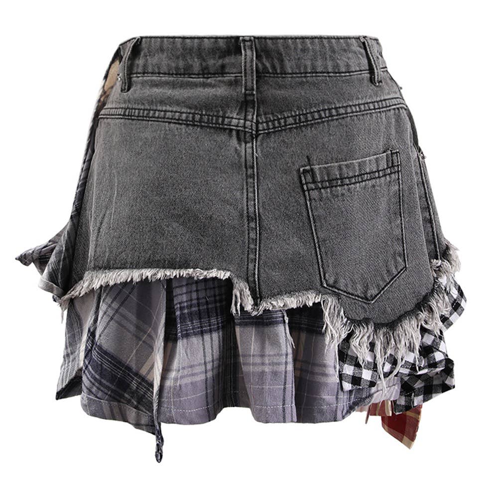 SK024 Summer Chic: High-Waist Plaid-Denim Skirt