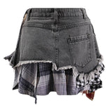 SK024 Summer Chic: High-Waist Plaid-Denim Skirt