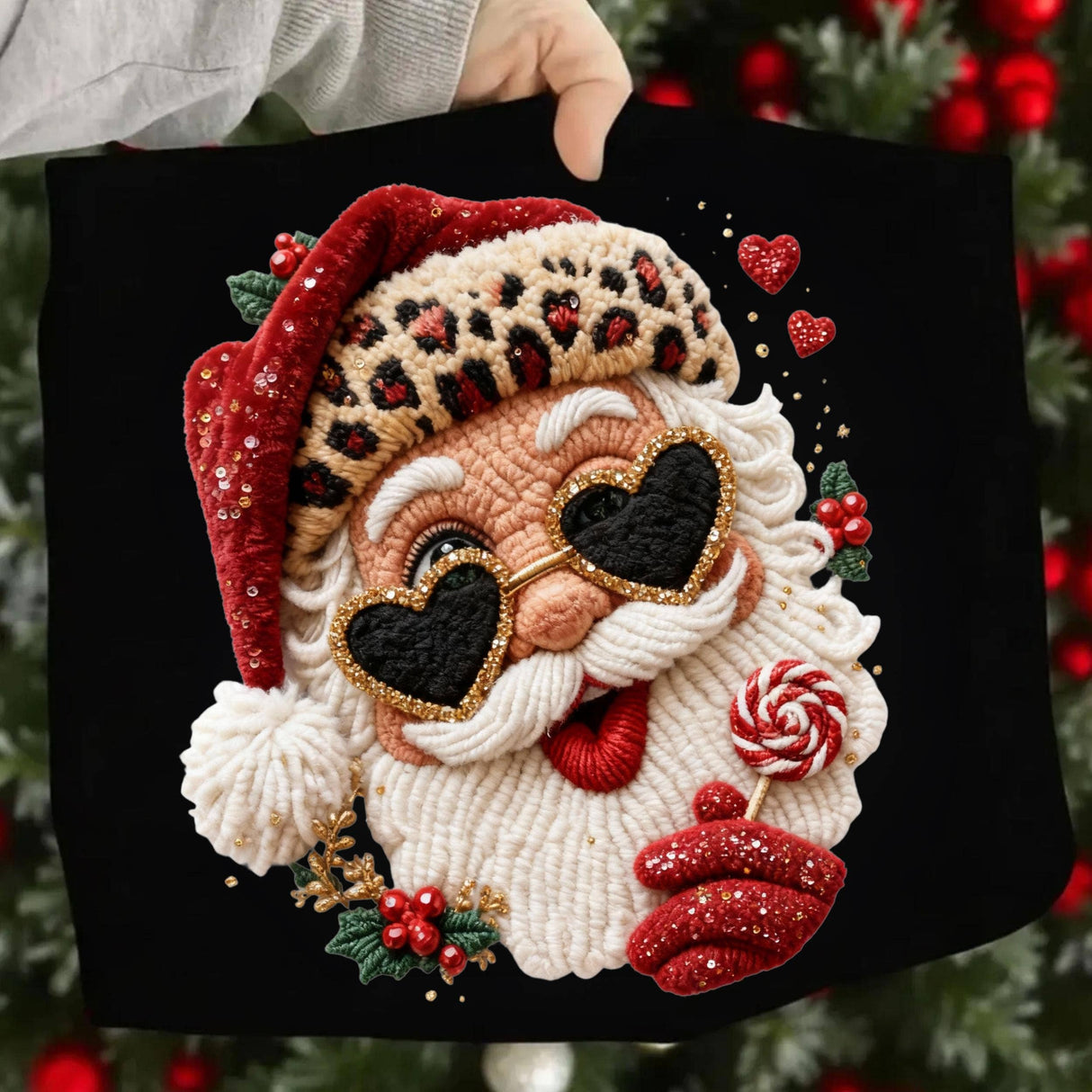 Faux Yarn Crochet Leopard Santa Claus Shirt, Santa Sweater