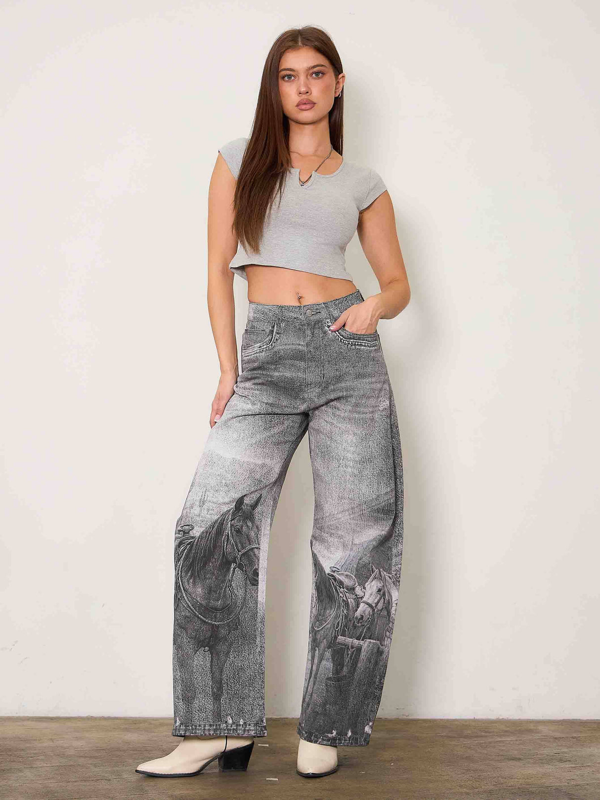 Western Black Horse Digital Printed Baggy Jeans