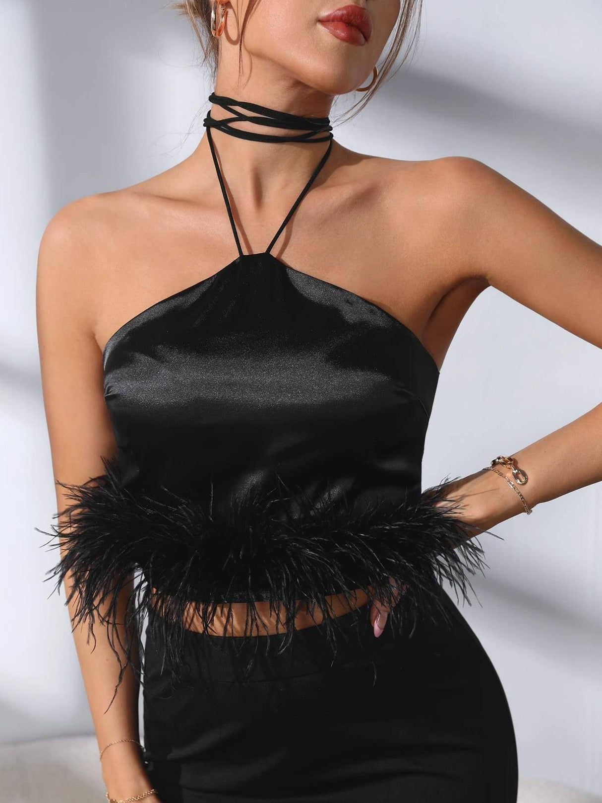 Halter neck fuzzy trim satin crop top
