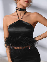 Halter neck fuzzy trim satin crop top