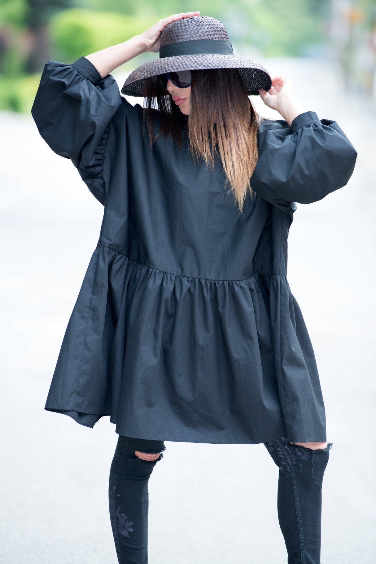 Black Maxi Flounces Cotton Tunic MARCY