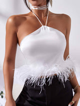 Halter neck fuzzy trim satin crop top