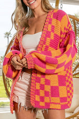 Open Front Mixed Checkered Pattern Knit Cardigan