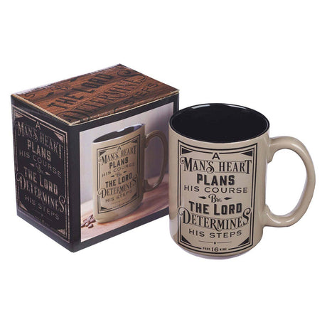 A Man's Heart Ceramic Coffee Mug in Brown - Proverbs 16:9