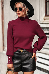 WOMEN TURTLE NECK FITTED RIB SLEEVE KNIT SWEATER_CWOSWL0283