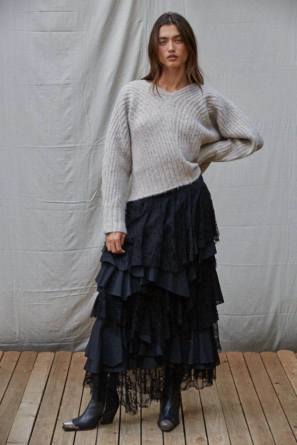 W1838 Knit Sweater Ribbed Deep V-Neck Long Sleeve Pullover